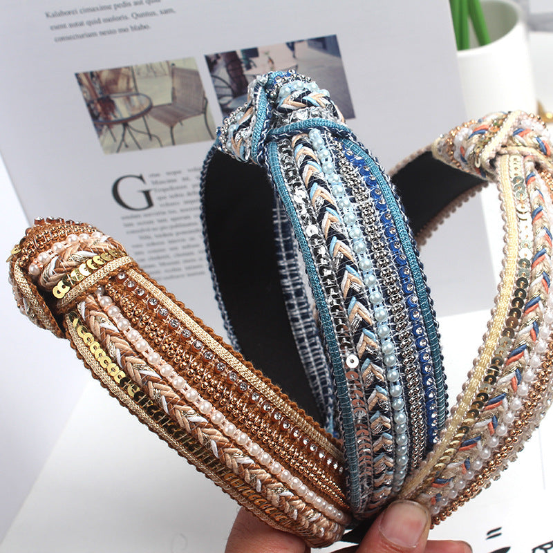 Wholesale Korea Studded Pearl Sequins National Pneumatic Drill Wide-brimmed Knot Hairband